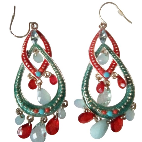 Handmade Jewelry - Bohemian Teardrop Earrings Red Green Blue Beaded Chandelier Dangle
